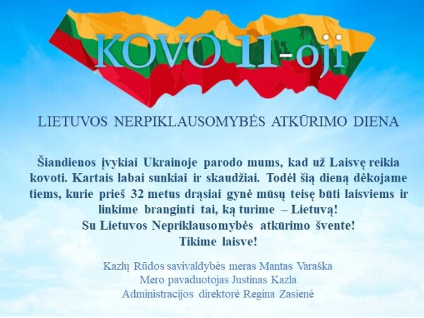 Sveikinimas Lietuvos nepriklausomybės atkūrimo dienos proga