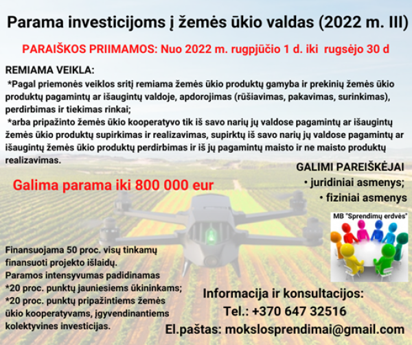 Kviečiame teikti paraiškas paramai gauti, investicijoms į žemės ūkio valdas