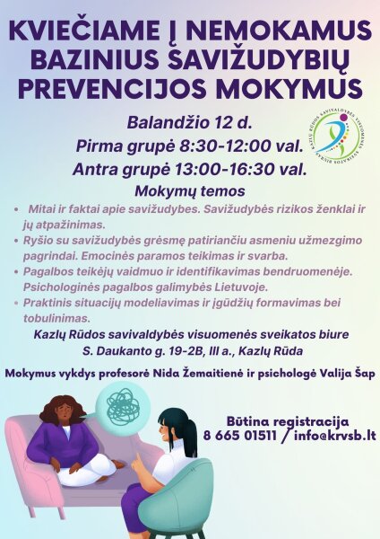 Kviečiame į nemokamus bazinius savižudybių prevencijos mokymus