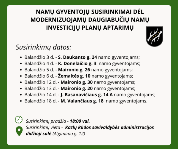 Namų gyventojų susirinkimai dėl modernizuojamų daugiabučių namų investicijų planų aptarimų